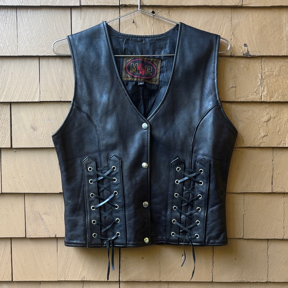 VINTAGE 90s Black Leather Lace-Up Vest